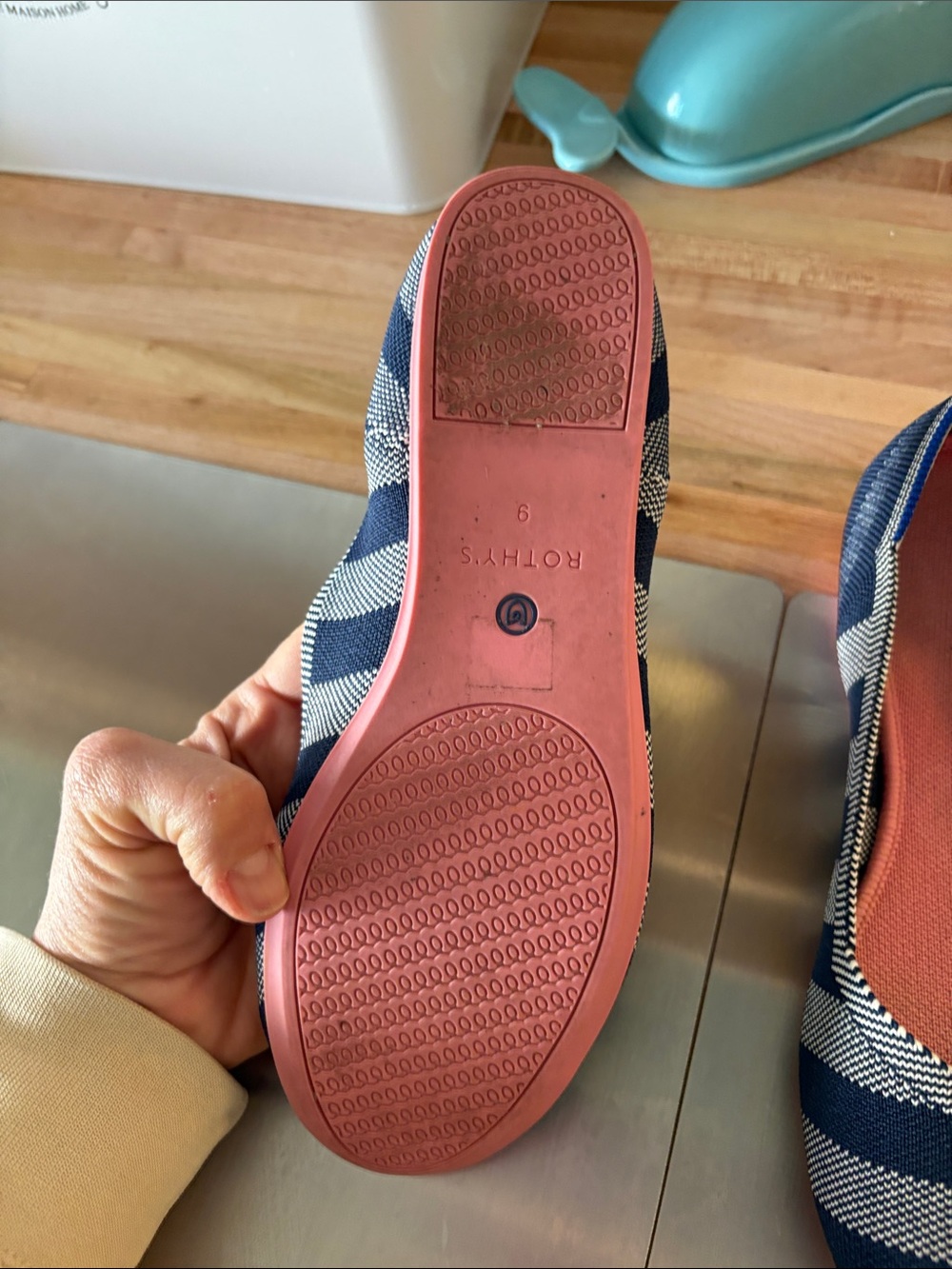 Rothy's Navy Blue and White Striped Ballet Flats with Rust Insole - Picture 3 of 5
